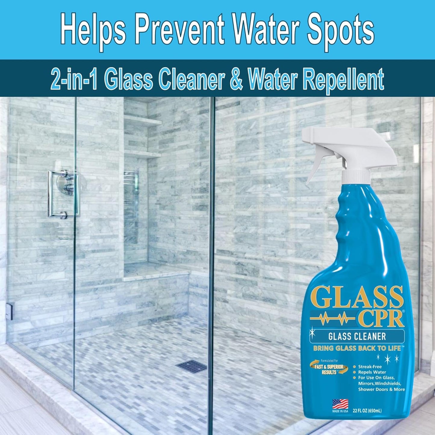 Glass CPR 2-in-1 Glass Cleaner and Water Repellent, 22 oz Spray plus 2 Microfiber Applicator Towels, Streak-Free for Shower Doors, Windshields, Mirrors, Hard Water Stain Formula, Made in USA