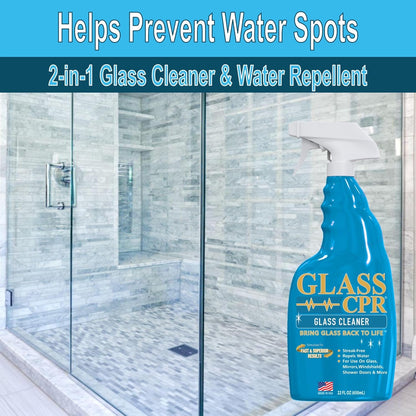 Glass CPR 2-in-1 Glass Cleaner and Water Repellent, 22 oz Spray plus 2 Microfiber Applicator Towels, Streak-Free for Shower Doors, Windshields, Mirrors, Hard Water Stain Formula, Made in USA
