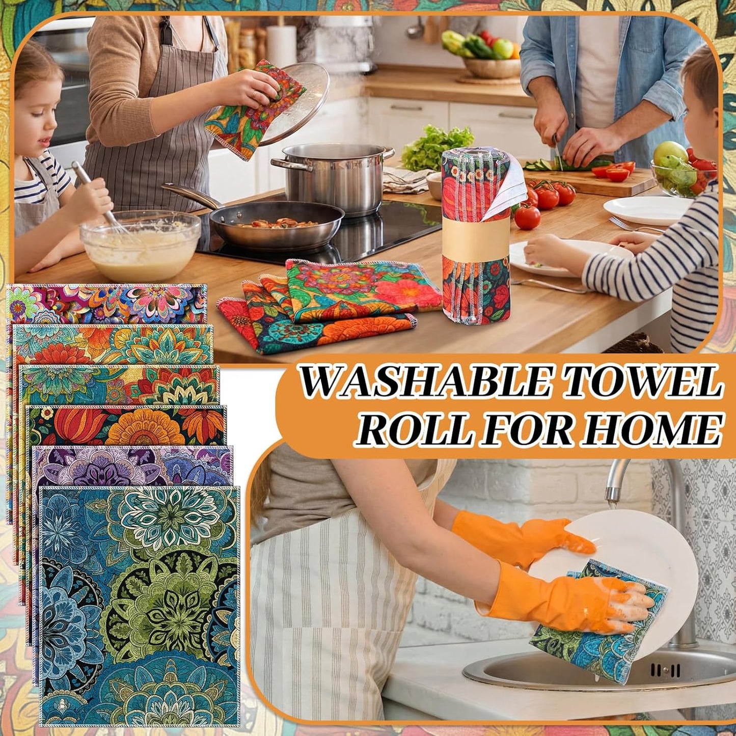 Redbaker 30 Pcs Reusable Paper Towels Rolls Kitchen Towels Bulk Washable Paperless Cloth Cotton Hand Napkins with Cardboard Reusable Napkins for Kitchen Bathroom(Floral,10 x 12 in)
