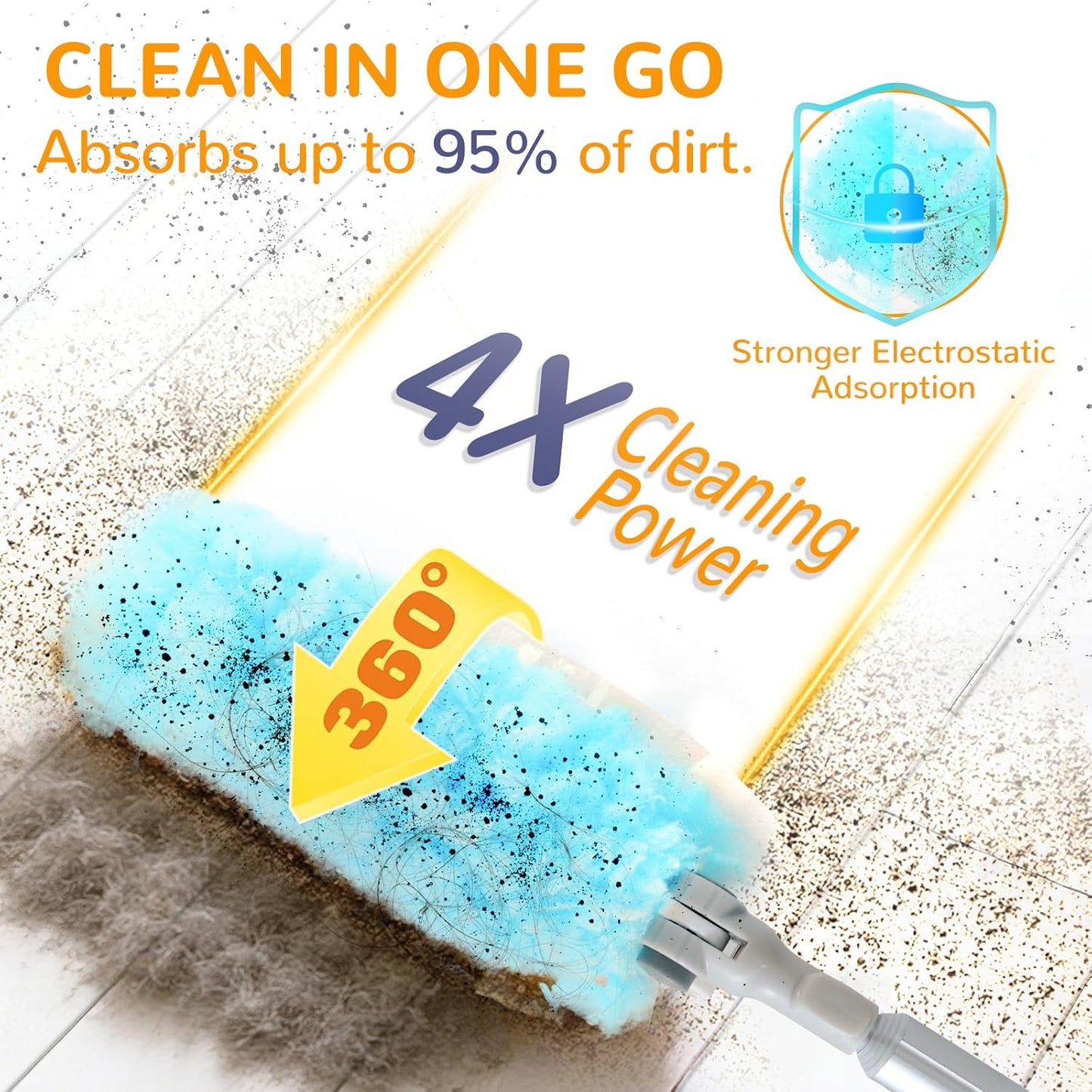 6 ft Heavy Duty Extendable Duster Handle with 50 Refills for Swiffer Duster, 360° Multi-Surface Dusters with 4X Cleaning Power for Home, Ceiling Fans, Windows, Dusting Hard-to-Reach Areas (Orange)