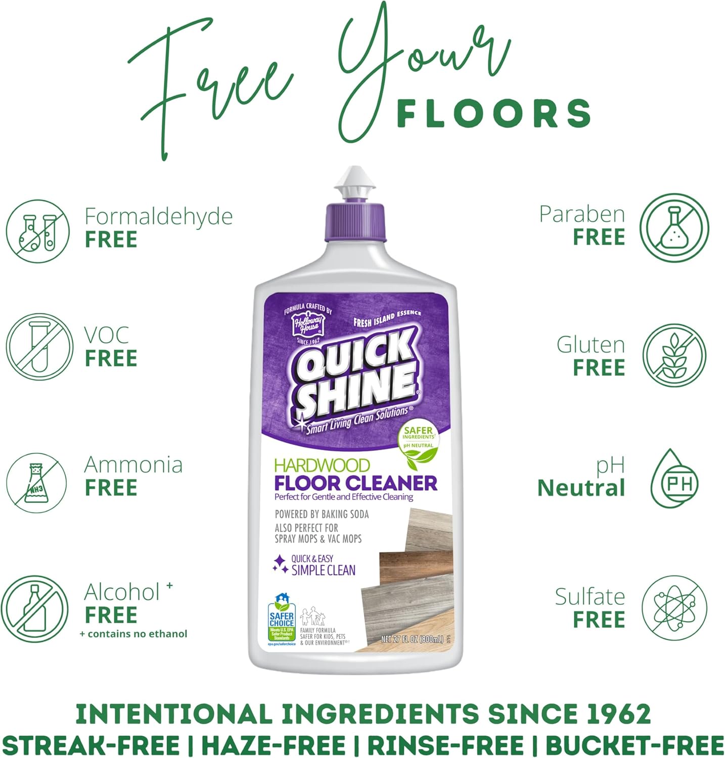 Quick Shine Hardwood Floor Cleaner 64oz | Use in Spray & Vac Mops | Removes Dirt & Scuff Marks | Ready-to-Use, Streak Free, No Rinse | Safer Choice Cleaner |Perfect for Gentle and Effective Cleaning