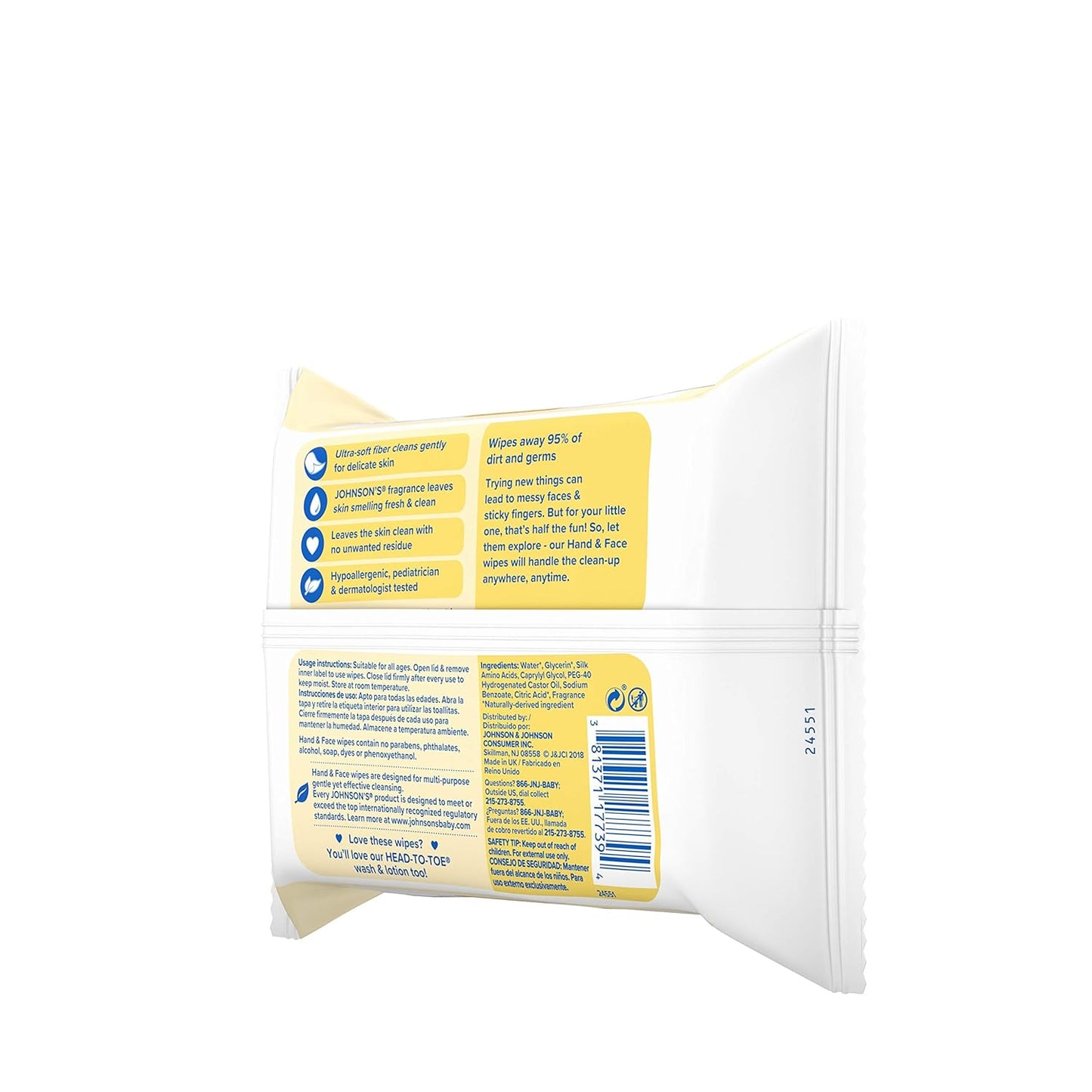 Johnson's Baby Hand & Face Baby Sanitizing Cleansing Wipes for Travel and On-The-Go, No More Tears Formula, Paraben and Alcohol Free, 25 ct, Case of 4