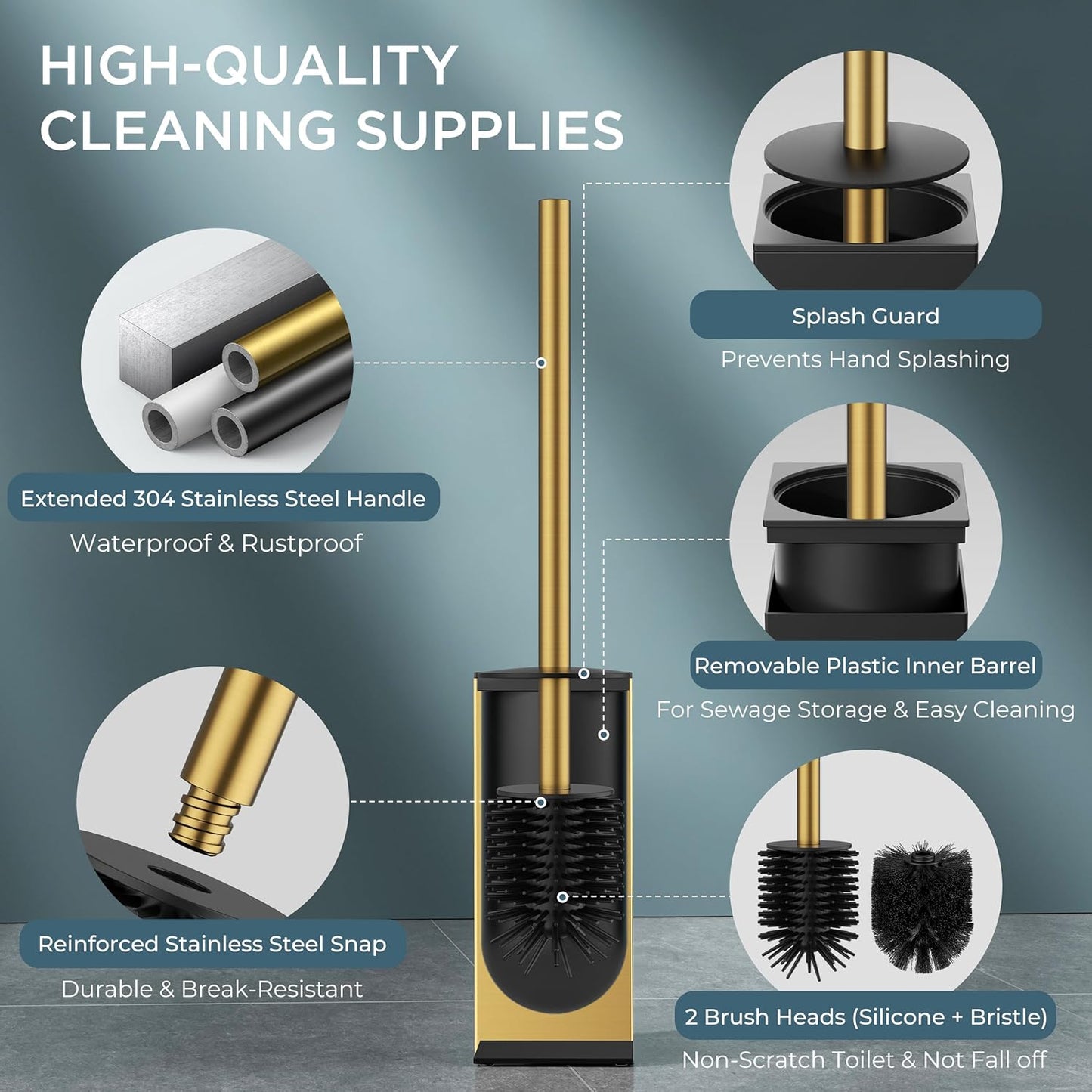 FORIOUS Toilet Brush and Holder Set, Heavy Duty 304 Stainless Steel Base Square and Long Handle for Bathroom Deep Cleaning, Drip-Proof, Space Saving for Storage, 2 Toilet Bowl Brush Head, Black