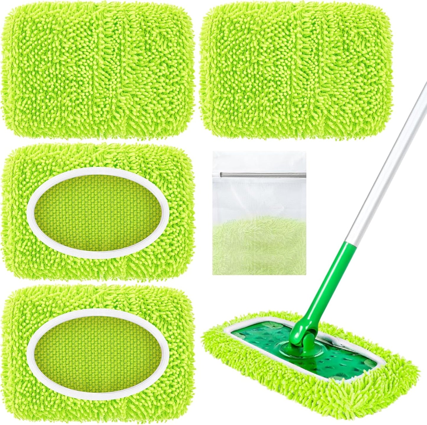 Reusable Mop Pads Compatible with Swiffer Sweeper Mop, Washable Wet Pads Refill & Chenille Dry Sweeping Cloths, Microfiber Mop Pads for Use on All Sealed Floors - Wood, Laminate, Stone & Tile (6 Blue)