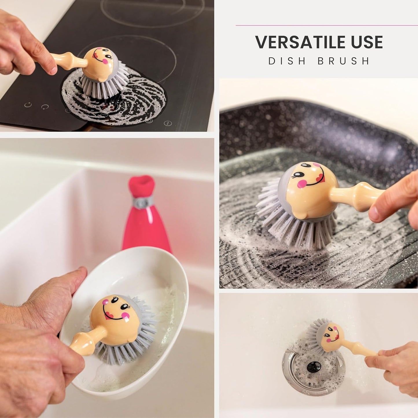 Vigar Dolls Dish Brush with Ergonomic Handle and Dres-shaped Storage Holder - Scrub Brush for Pans, Pots, Kitchen Sink Cleaning, Blue/Pink