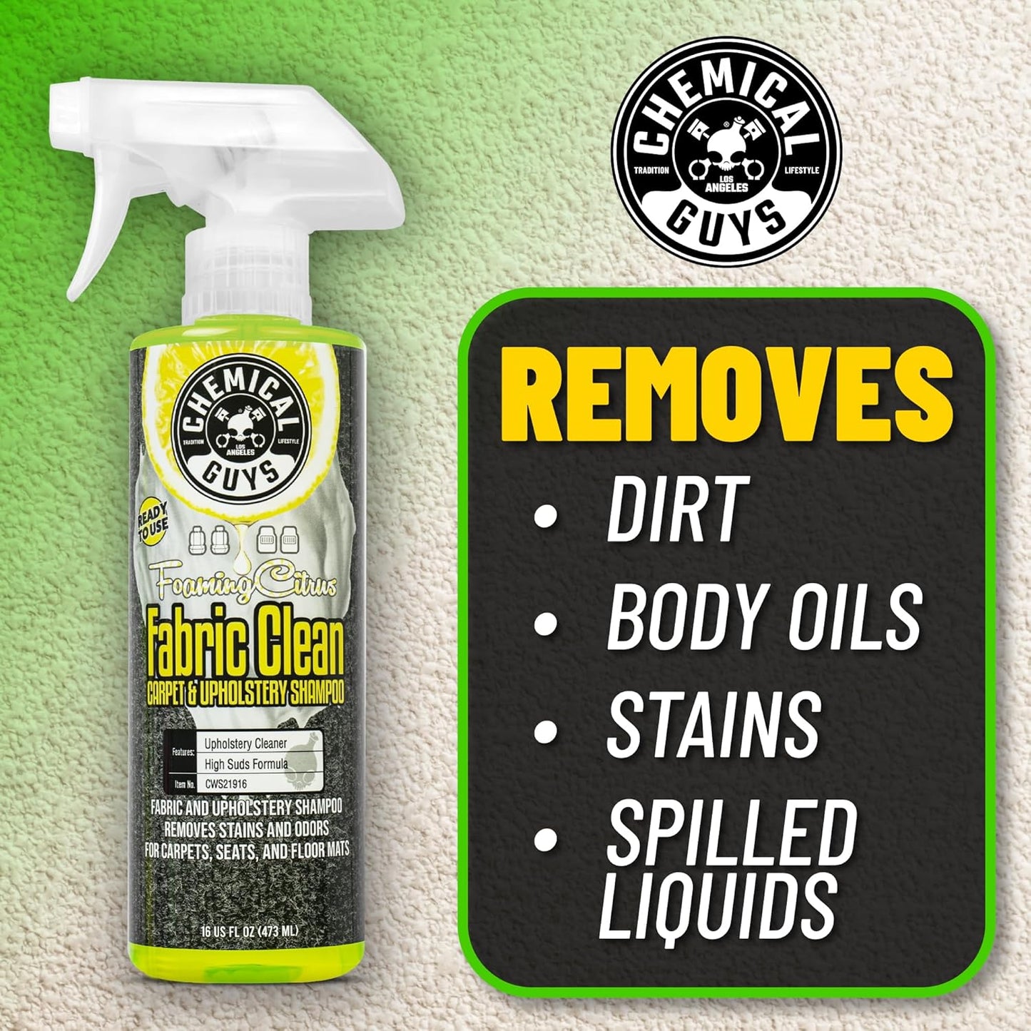 Chemical Guys Foaming Citrus Fabric Clean Carpet & Upholstery Cleaner - Car Carpet Cleaner Spray for Seats and Floor Mats, Removes Stains &Odors, Safe for Cars, Home and Office, 16 oz Citrus Scent