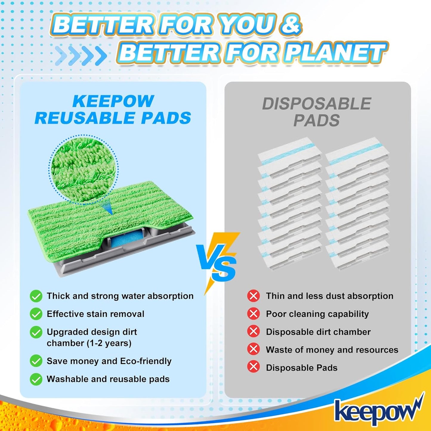 KEEPOW Reusable Mop Replacement Pads Compatible with Shark Vac Mop VM252 VM200 VC205 VM250 VM180 VM401 QM250 VM190, Washable Vacuum Mop Pad Refills, Upgraded Design of Dirt Chamber (1+3+6 Pads)