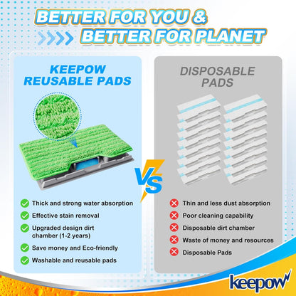 KEEPOW Reusable Mop Replacement Pads Compatible with Shark Vac Mop VM252 VM200 VC205 VM250 VM180 VM401 QM250 VM190, Washable Vacuum Mop Pad Refills, Upgraded Design of Dirt Chamber (1+3+6 Pads)