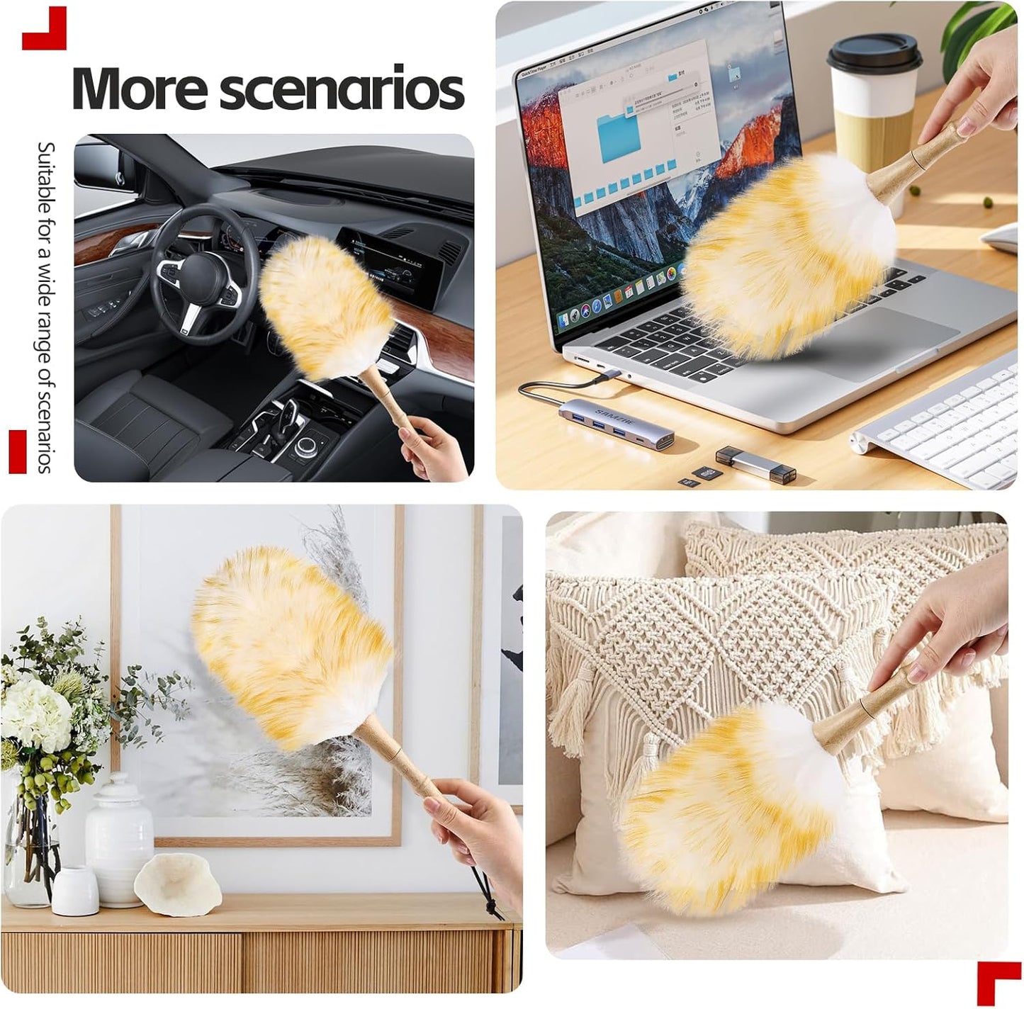 Lambswool Duster for Cleaning with Solid Wooden Handle Leather Hang Strap 87.8" Removable Retractable Feather Duster for Cleaning Ceiling Fans Window Blinds Interior Roof Furniture(2 Pack)