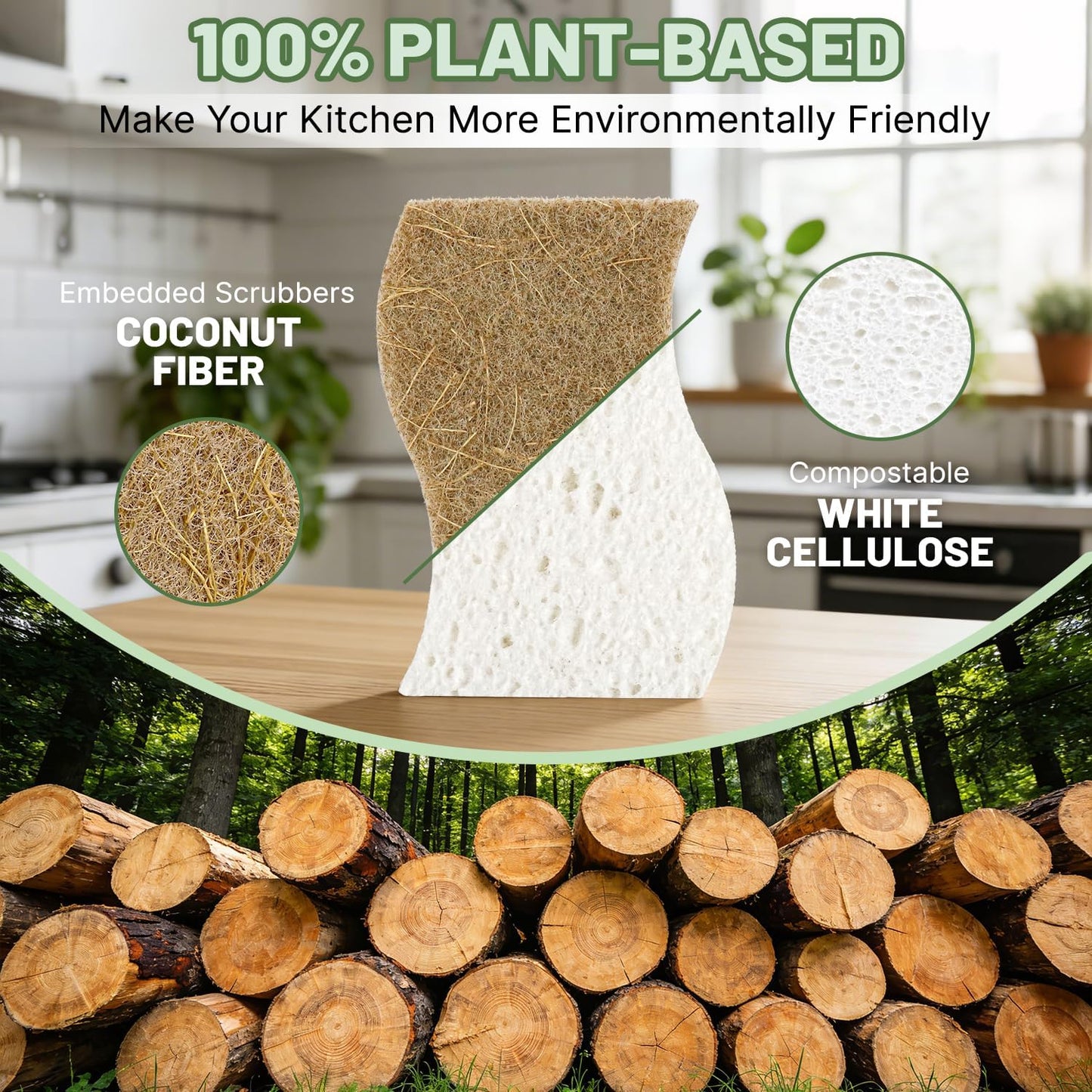 12 Pack Biodegradable Kitchen Dish Sponges, Natural Plant-Based Coconut Fiber and Compostable Cellulose Sponge, Non-Scratch Heavy Duty Scrub Sponges for Non-Stick Cookware, Kitchen Household Cleaning