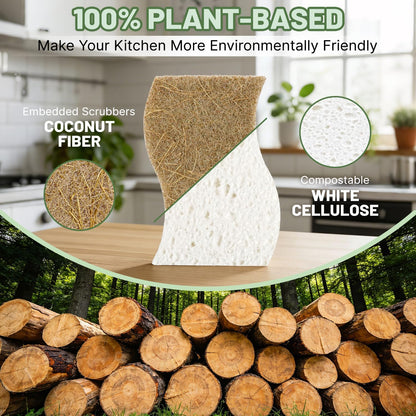 12 Pack Biodegradable Kitchen Dish Sponges, Natural Plant-Based Coconut Fiber and Compostable Cellulose Sponge, Non-Scratch Heavy Duty Scrub Sponges for Non-Stick Cookware, Kitchen Household Cleaning