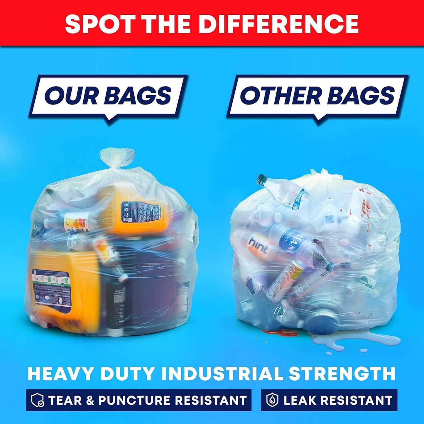 55 Gallon Clear Trash Bags, (50 Bags w/Ties) Large Clear Plastic Recycling Garbage Bags