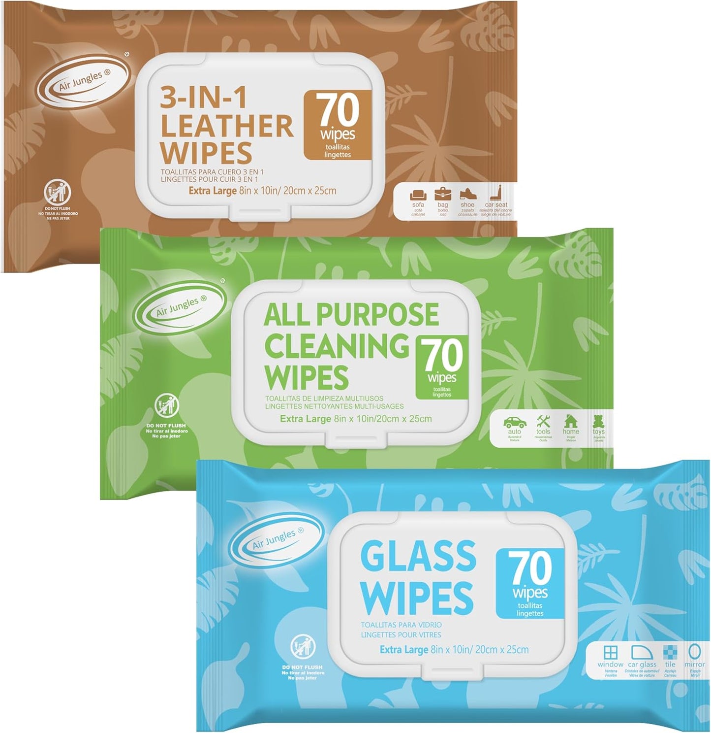 Air Jungles 3in1 Leather Cleaner Wipes 70 Count (Pack of 3), Extra Large 8" x 10" Size, Clean Condition Protect Wipes for Vinyl and Leather Apparel Furniture Auto Car Interior Shoes Boots Bags