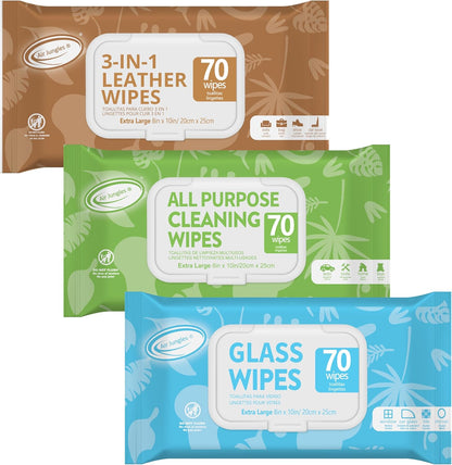 Air Jungles 3in1 Leather Cleaner Wipes 70 Count (Pack of 3), Extra Large 8" x 10" Size, Clean Condition Protect Wipes for Vinyl and Leather Apparel Furniture Auto Car Interior Shoes Boots Bags