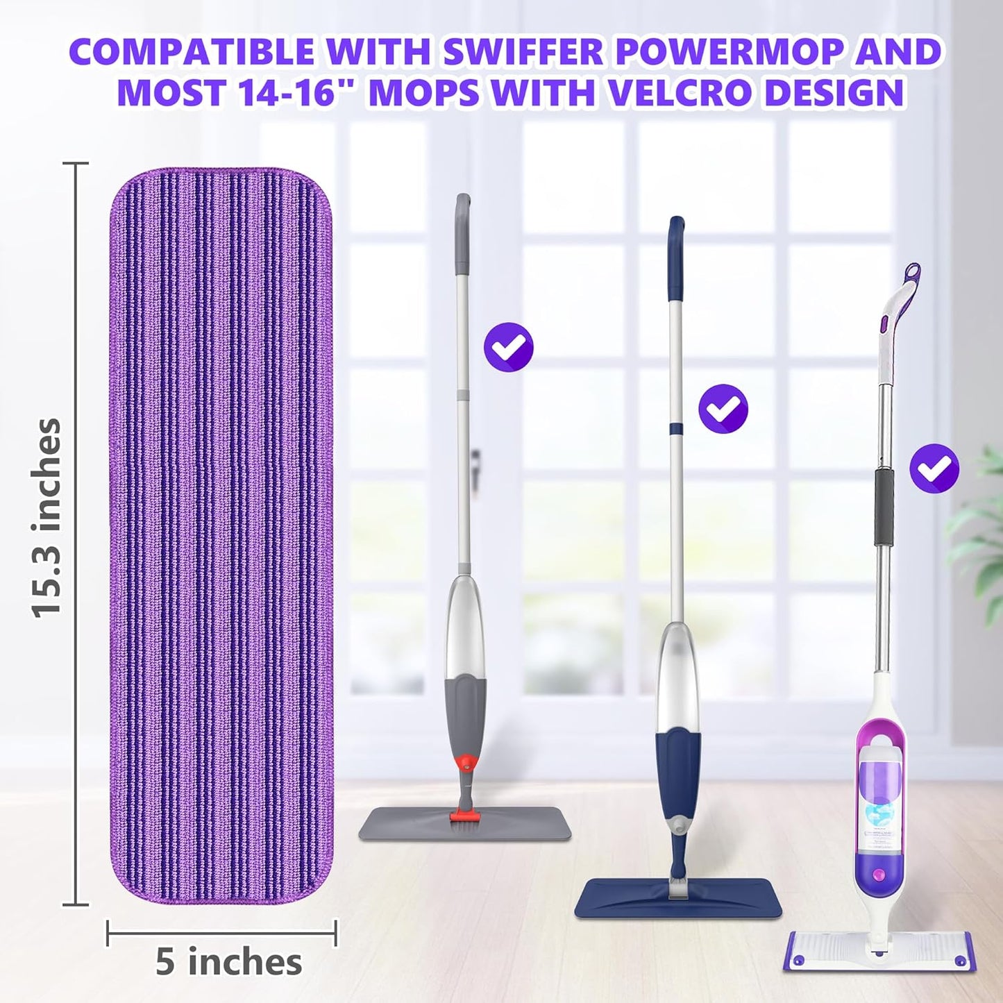 Reusable Mop Pads Compatible with Swiffer PowerMop, Microfiber Mop Pads Refills Mop Heads Replacement for Swiffer Mop Spray Mop Floor Mop, Washable Reusable Floor Mopping Refills, 6 Pack