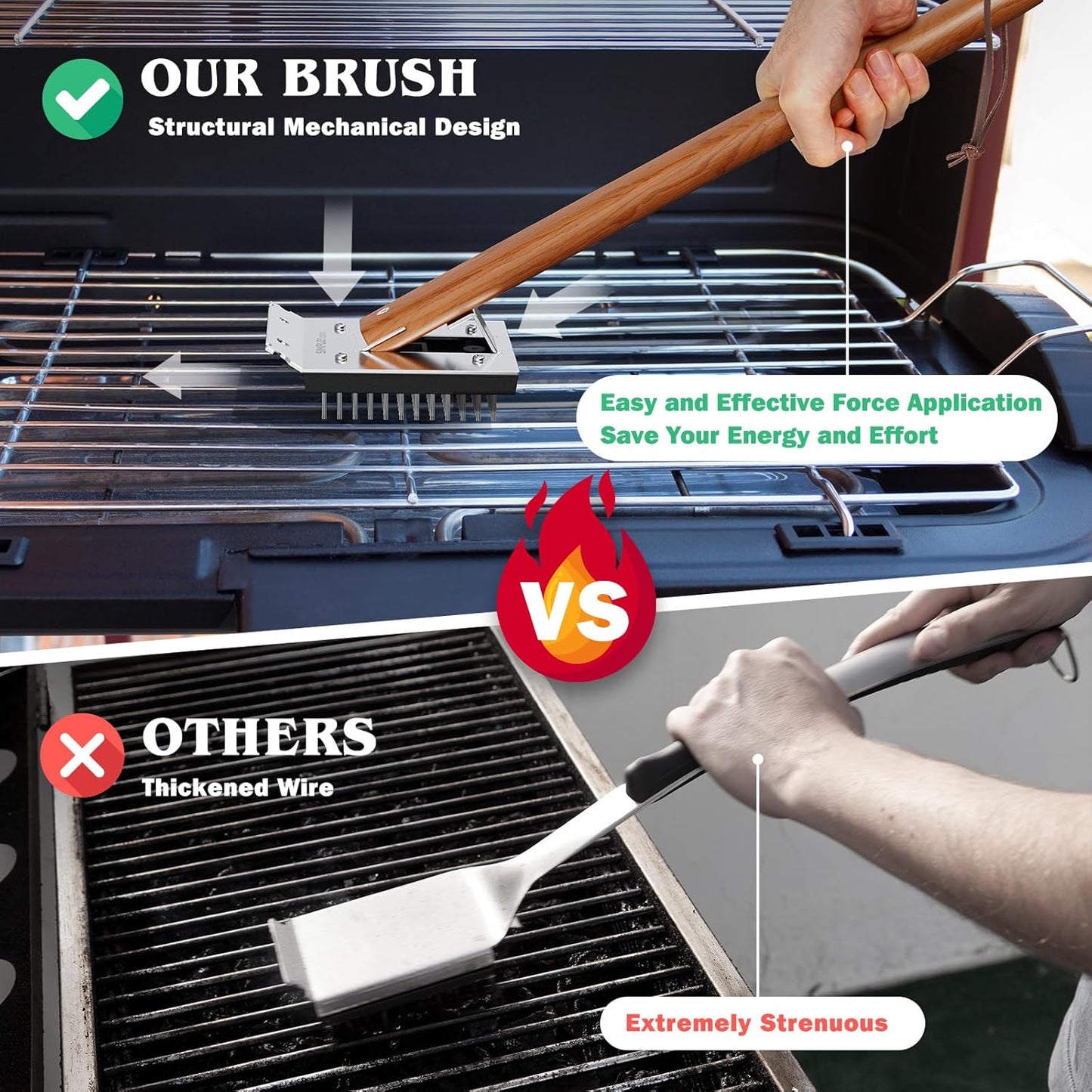 SIMPLETASTE Grill Brush and Scraper for BBQ, Durable & Effective, Replaceable Stainless Steel Head, Wooden Handle Wire Grill Brush for Outdoor Grill, Barbecue Accessories