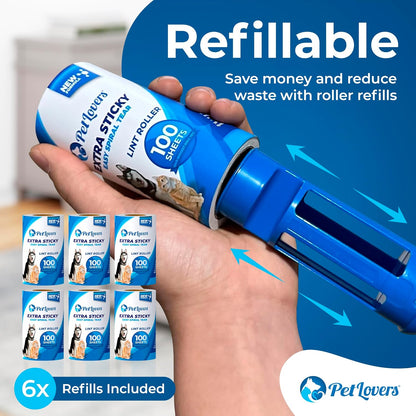 PetLovers Extra Sticky Lint Roller Mega Value Set 600 Sheets for Pet Hair Removal, Dog and Cat Lint Remover 6 Pack