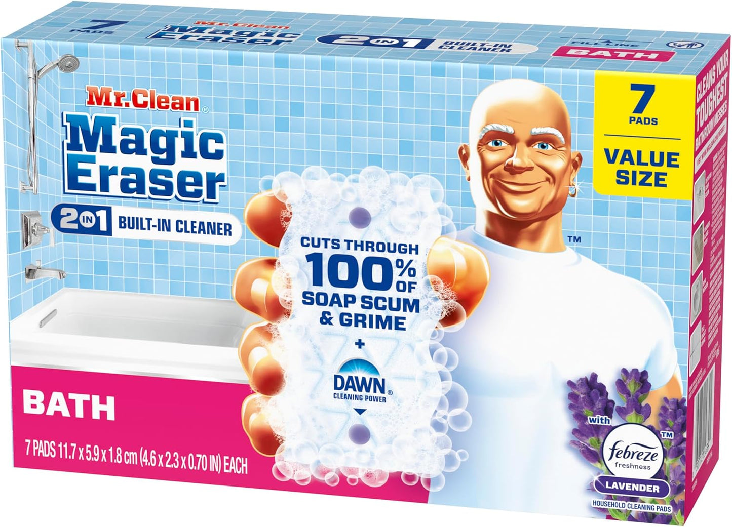 Mr. Clean Magic Eraser Sponge, Bathroom Cleaner, Shower Cleaner, Tub Cleaner, Soap Scum Remover, Bathroom Cleaning Supplies, Dawn Cleaning Power with Febreze Lavender Scent, 5ct