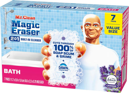 Mr. Clean Magic Eraser Sponge, Bathroom Cleaner, Shower Cleaner, Tub Cleaner, Soap Scum Remover, Bathroom Cleaning Supplies, Dawn Cleaning Power with Febreze Lavender Scent, 5ct