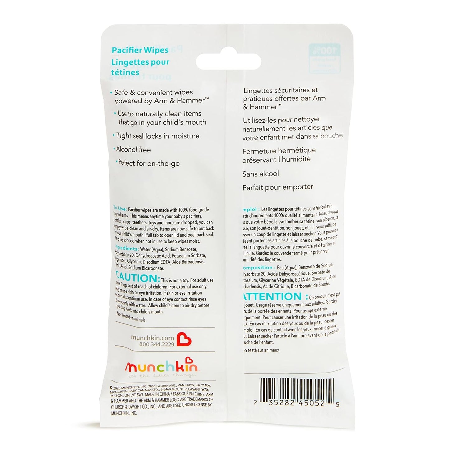 Munchkin Arm & Hammer Pacifier Wipes - Safely Cleans Breast Pump Parts and Feeding Essentials for Baby and Toddler, 2 Pack, 72 Wipes
