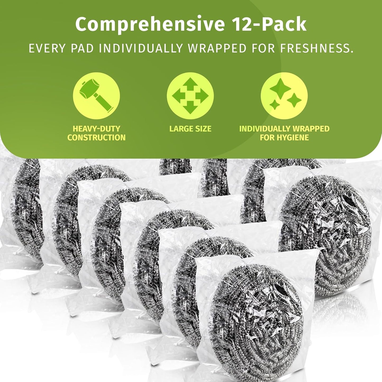 Stainless Steel Scouring Pads - 12 Pack - Steel Wool Scrubbers for Pots, Pans, Dishes & Grills