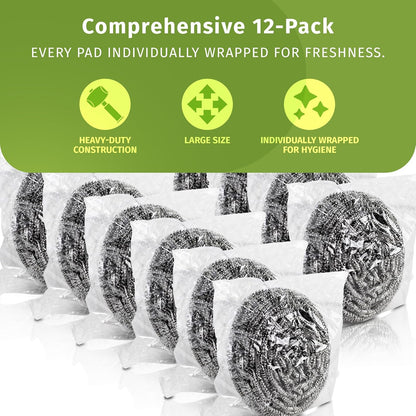 Stainless Steel Scouring Pads - 12 Pack - Steel Wool Scrubbers for Pots, Pans, Dishes & Grills