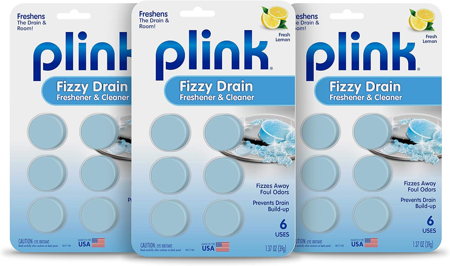 Plink Fizzy Drain Freshener and Cleaner, Prevents Clogs and Removes Odors in Household Sinks, Lemon Scent, 6-Pack