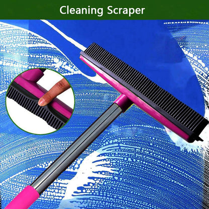 Telescopic Rubber Broom with Squeegee, Multifunction Adjustable Pet Hair Removal Carpet Rake for Fluff Rug Hardwood Floor (Black)