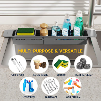 NiHome Extendable Over Sink Kitchen Organizer, Small Telescopic Brush Storage Rack for Sponge, Non-Slip Pads Expandable Sink Caddy, Adjustable Sponge/Brush Rack with Drainage Durable ABS (Black)
