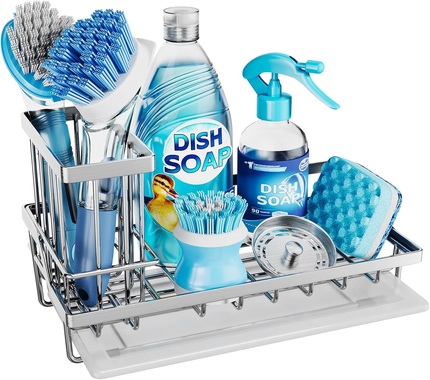 Consumest Sink Caddy, Kitchen Sponge Holder with Dish Brush Holder, Kitchen Organizer with Drip Tray for Countertop, Stainless Steel Rustproof - Silver
