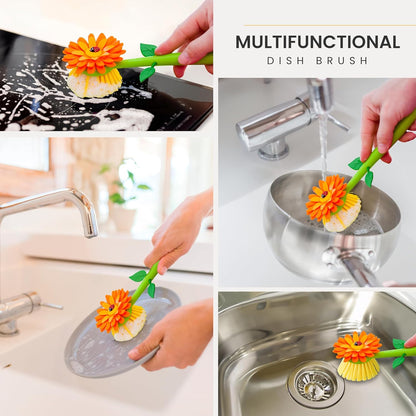 Vigar Flower Power Dish Brush with Handle and Vase Dish Brush Holder, Kitchen Scrub Brush for Pot Scrubber, Dishes, and Sink Cleaning, Pink, Green
