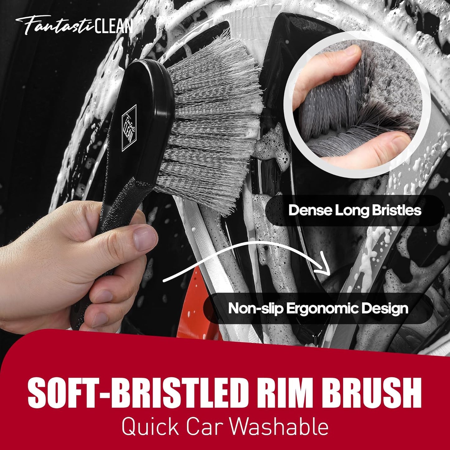 Fantasticlean 7PCS Car Wheel Cleaning Pro Kit, Tire Brush, Soft-bristled Rim Brush, Microfiber Flat Wheel Brush, Double-Ended Detailing Brush, Detailing Pads, Scratch-Free & Multipurpose
