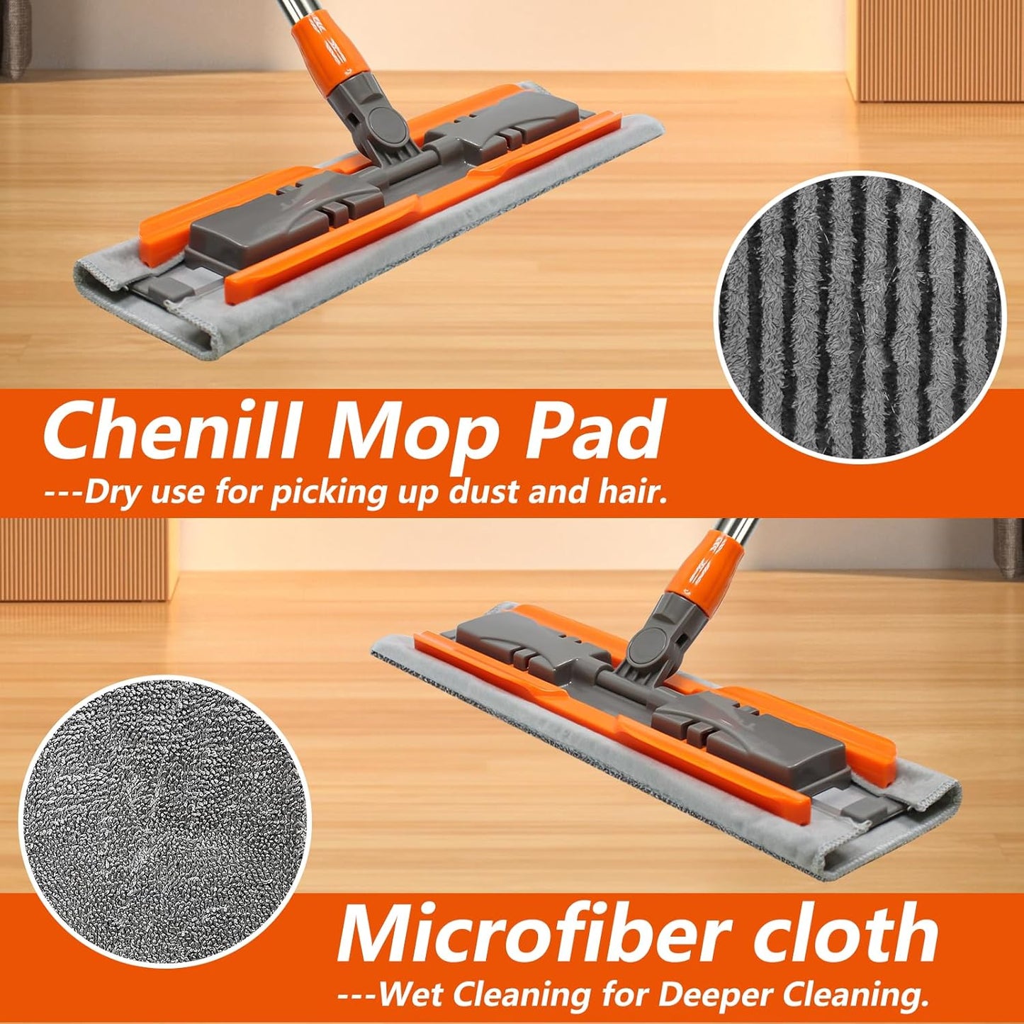 57-inch Microfiber Flat Mop with Stainless Steel Telescopic Handle and 4 Washable Mop Pads for Wet and Dry Cleaning of Hardwood, Tile, Laminate, and Vinyl Floors Scratch-Resistant Professional Mops