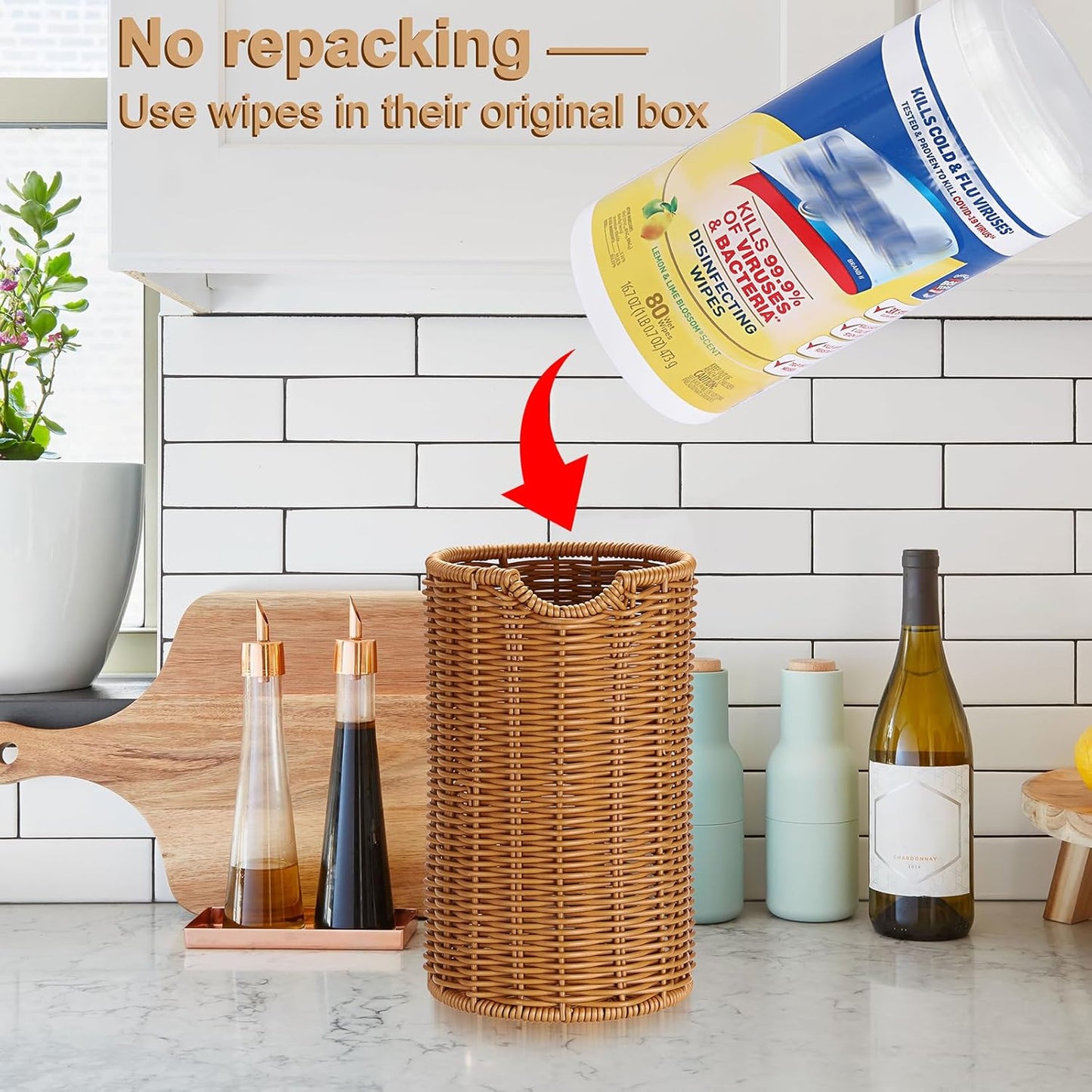 Kokone Woven Wipes Dispenser Compatible for Clorox Lysol, Farmhouse Wipes Canister Holder Cleaning Wipe Dispenser Container, Decorative Rattan Wipes Dispenser Keeper for Kitchen Bathroom Office