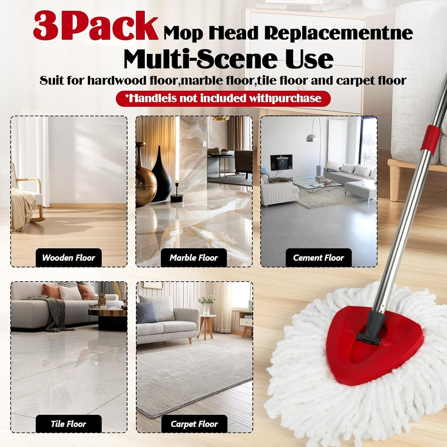 Spin Mop Replacement Set for O-Ceda RinseClean 2-Tank System, 16 Microfiber Spin Mops Refills,1 Scrubber Head,1 Triangle Spin Base,and(31-63in) Adjustable Handle Set Combo