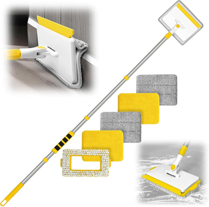JEHONN Baseboard Cleaner Tool with Handle, 56 inches Base Boards Cleaning Mop Scrubber, 1 Stiff Bristles Brush, 2 Chenille and 2 Microfiber Pads, Wall Duster for Floorboard Ceiling Window Tile