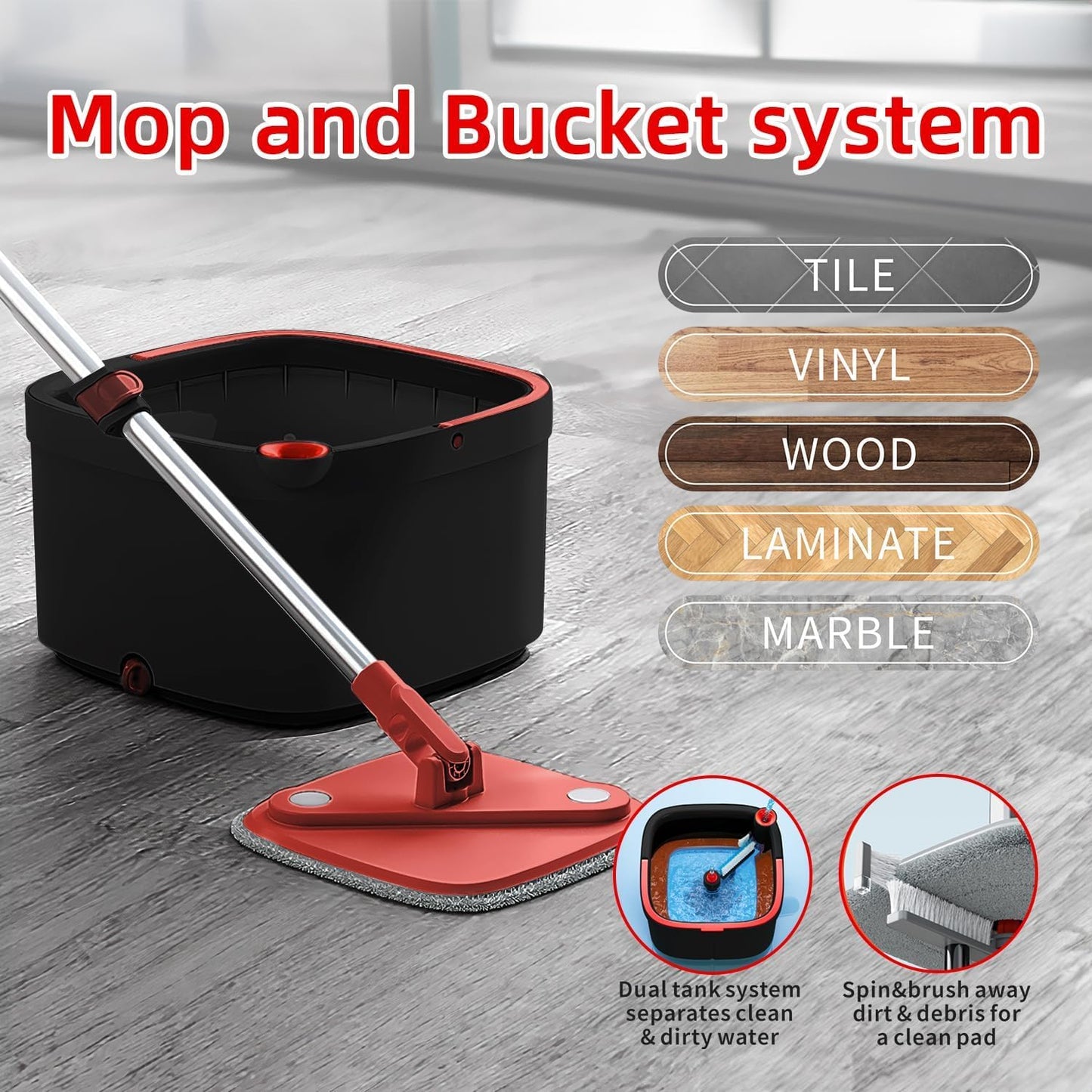 Spin Mop and Bucket Set with Self Separation Dirty and Clean Water System Self Wringing 360° Rotating Clean Mop-Head for Hardwood Tile Marble Floors (Mop Set with 6 Pads)-Grey