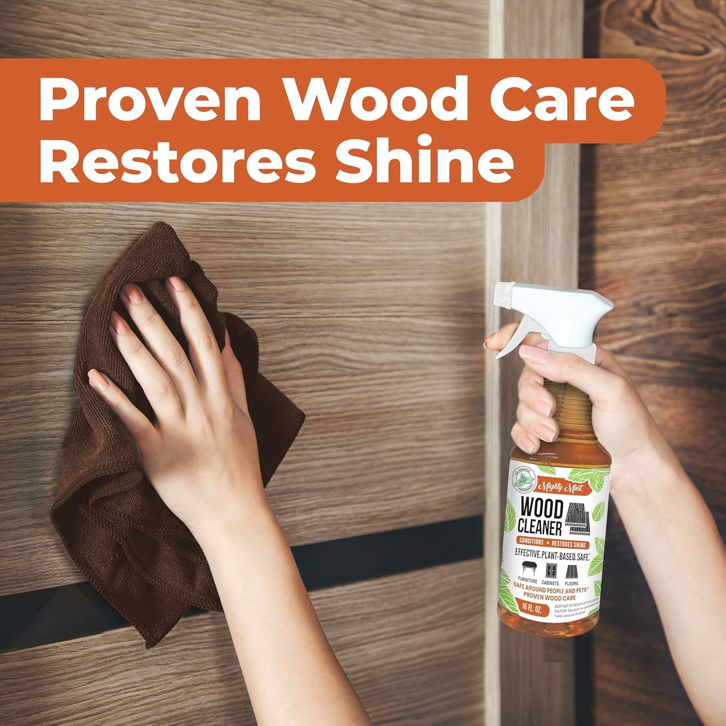 Mighty Mint Wood Cleaner & Conditioner Spray – Plant-Based Formula Cleans, Polishes & Renews Wood Furniture, Cabinets & Floors – Peppermint Scent, 16 oz
