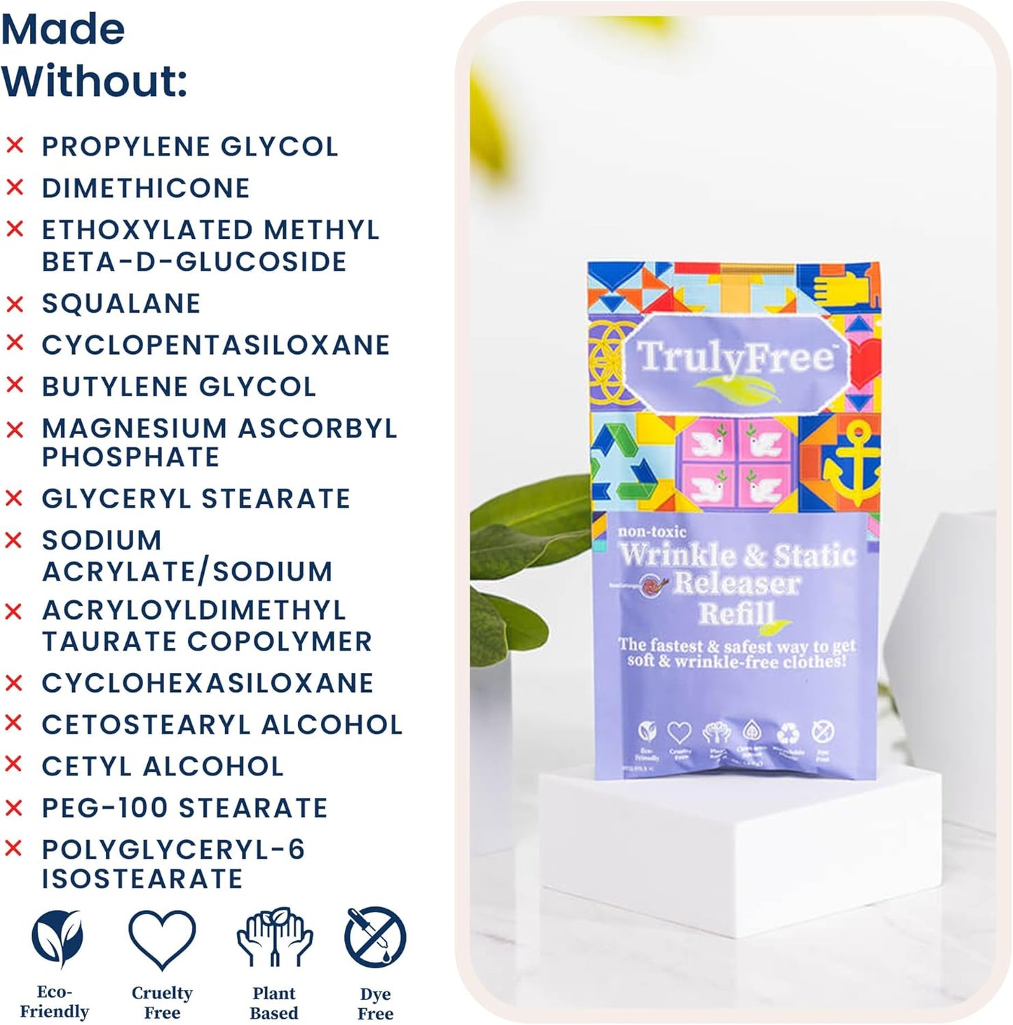 Truly Free Wrinkle & Static Releaser - Wrinkle Release for Clothes, Linen, & Sheet Fabrics - Static Guard Spray - Plant-Based - 12 oz Reusable Empty Spray Bottle + One (3 oz) Fill Pack