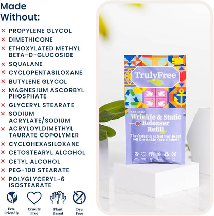 Truly Free Wrinkle & Static Releaser - Wrinkle Release for Clothes, Linen, & Sheet Fabrics - Static Guard Spray - Plant-Based - 12 oz Reusable Empty Spray Bottle + One (3 oz) Fill Pack