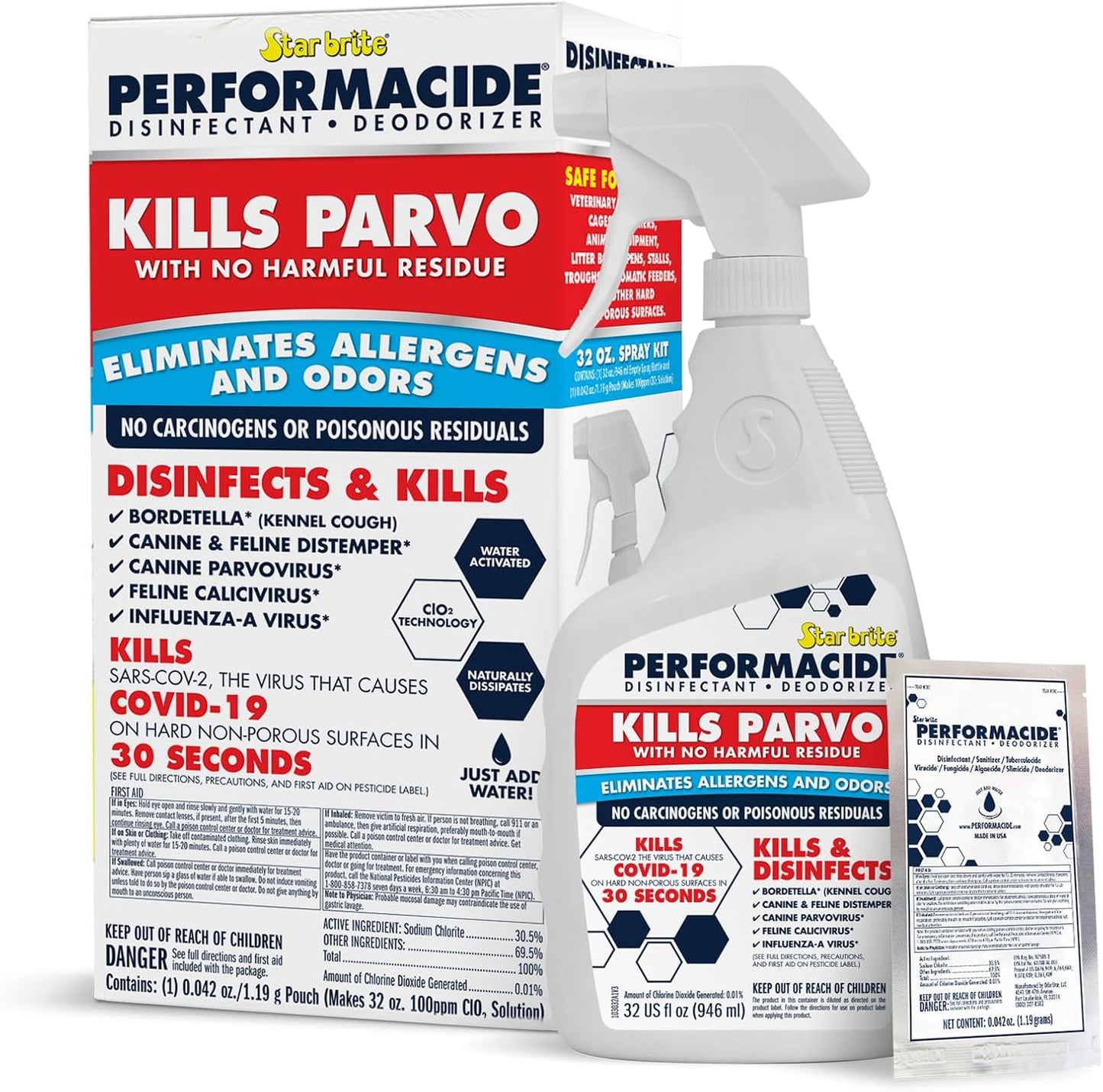 PERFORMACIDE No-Rinse Disinfectant / Deodorizer for Pet Surfaces | Kills Parvovirus, Ringworm, Feline Calicivirus, Avian Influenza (Bird Flu) Eco Friendly, Naturally Dissipates, Refillable, 32 OZ Kit