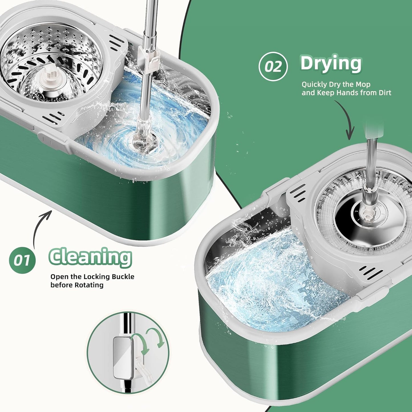 Spin Mop and Bucket with Wringer Set for Home,360° Mop and Bucket with Separate Clean and Dirty Water,Wet Dust Mop for Floor Cleaning with Extra Refills (Silver)
