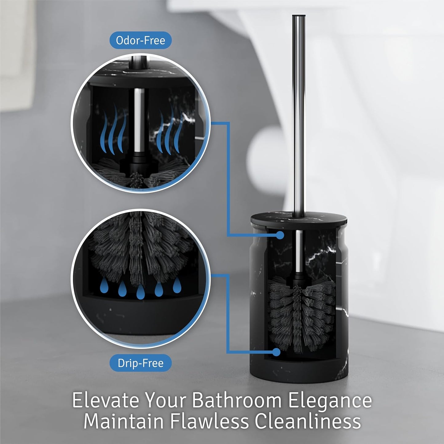 Toilet Brush and Holder Set - Toilet Bowl Brush and Holder with Sturdy Bristles for Thorough Cleaning - Concealed White Bathroom Accessories Toilet Cleaner Brush for Bathroom (Marble Look)