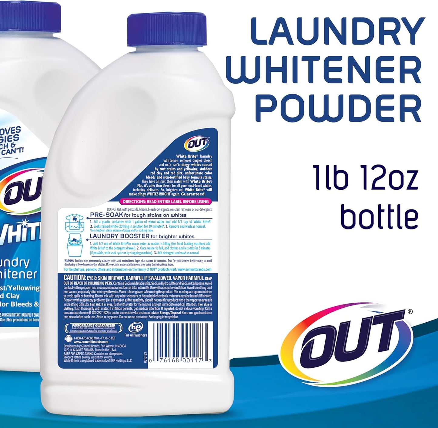 OUT White Brite Laundry Whitener Bleach Alternative, Stain Remover Detergent Booster Powder for Clothes, 4 Pound 12 Ounce Bottle