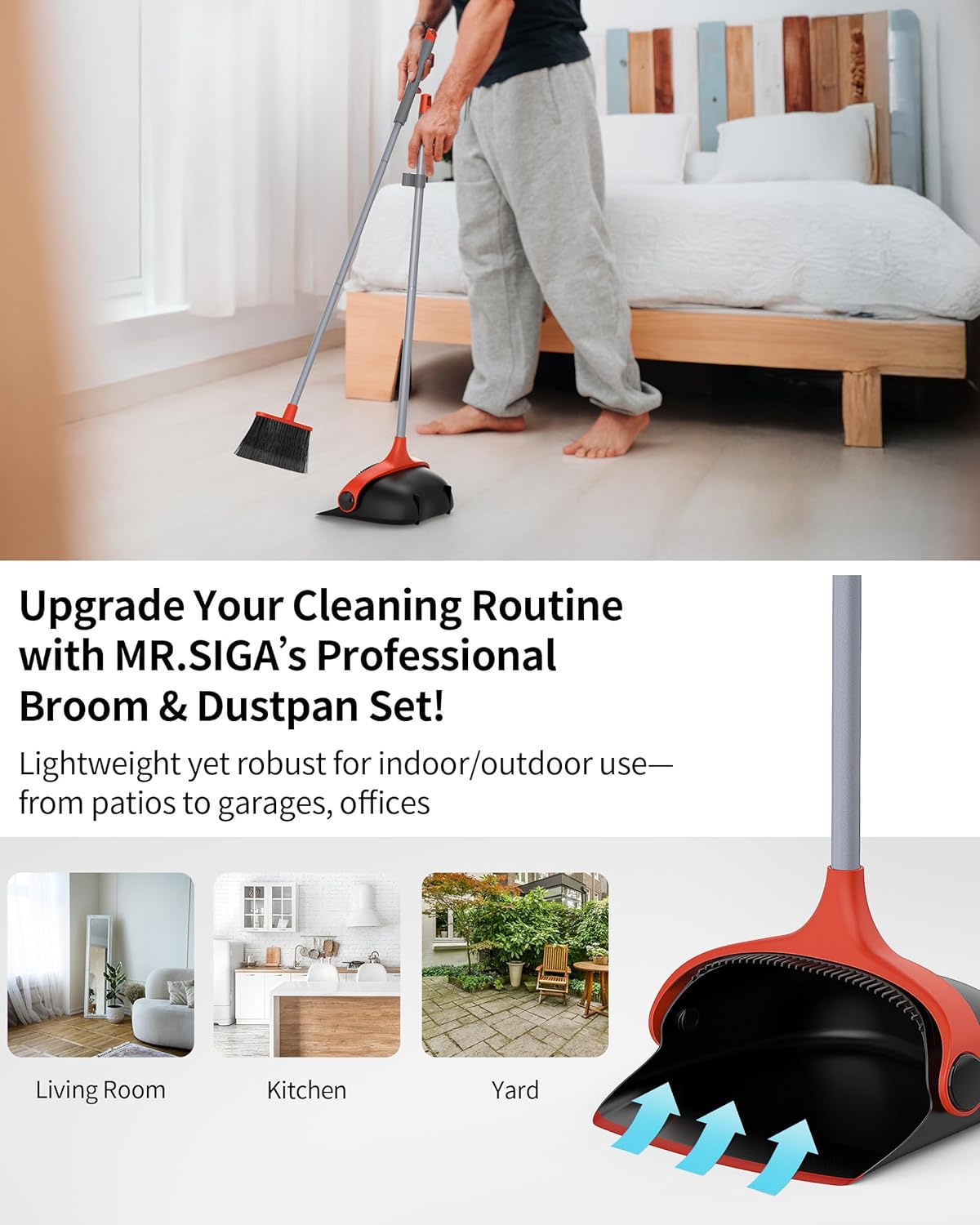 MR.SIGA Broom and Dustpan Set with Adjustable Long Handle, Upright Combo for Floor, Cleaning Lobby, Gray
