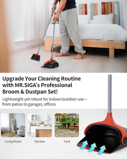 MR.SIGA Broom and Dustpan Set with Adjustable Long Handle, Upright Combo for Floor, Cleaning Lobby, Gray