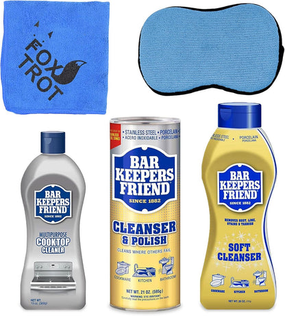 BAR KEEPERS FRIEND Cleanser Trio - Mega Bundle (21 Oz Cleanser and Polish Powder | 26 Oz Liquid Soft Cleanser | 13 Oz Cooktop Cleaner) Plus 1 Foxtrot Microfiber Towel and 1 Microfiber Scrubber Sponge