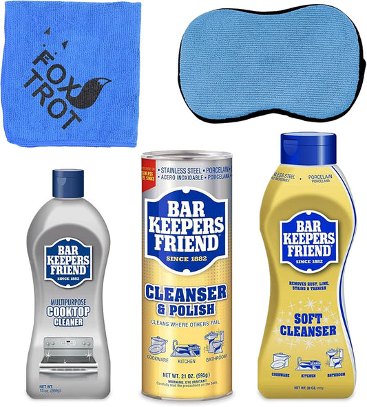 BAR KEEPERS FRIEND Cleanser Trio - Mega Bundle (21 Oz Cleanser and Polish Powder | 26 Oz Liquid Soft Cleanser | 13 Oz Cooktop Cleaner) Plus 1 Foxtrot Microfiber Towel and 1 Microfiber Scrubber Sponge