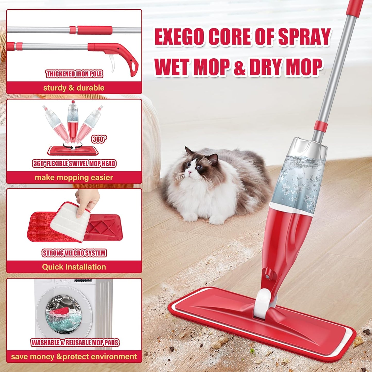 Microfiber Spray Mop for Floors Cleaning: Wet Dry Hardwood Floor Mops with 3 Washable Reusable Pads for Swiffer Powermop - Flat Mop with Sprayer for Tile Wood Laminate Vinyl Marble