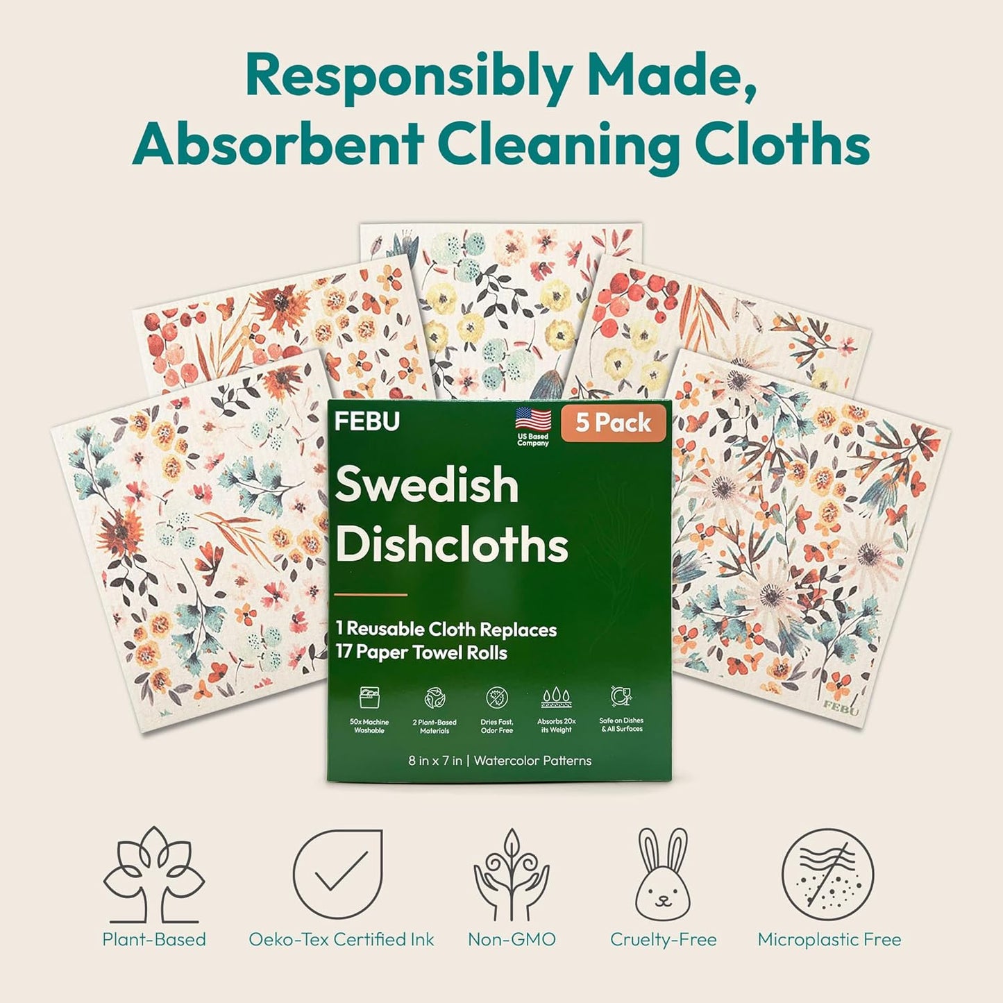 FEBU Swedish Dishcloths for Kitchen | 5 Pack Watercolor Reusable Paper Towels Washable | Swedish Dish Towels | Non-Scratch Cellulose Sponge Cloths | No Odor, Biodegradable Cleaning Cloths